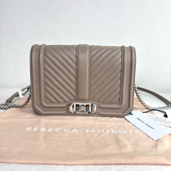 REBECCA MINKOFF Chevron Quilted Small Love Crossbody Leather Bag Taupe Sandrift - Picture 3 of 17